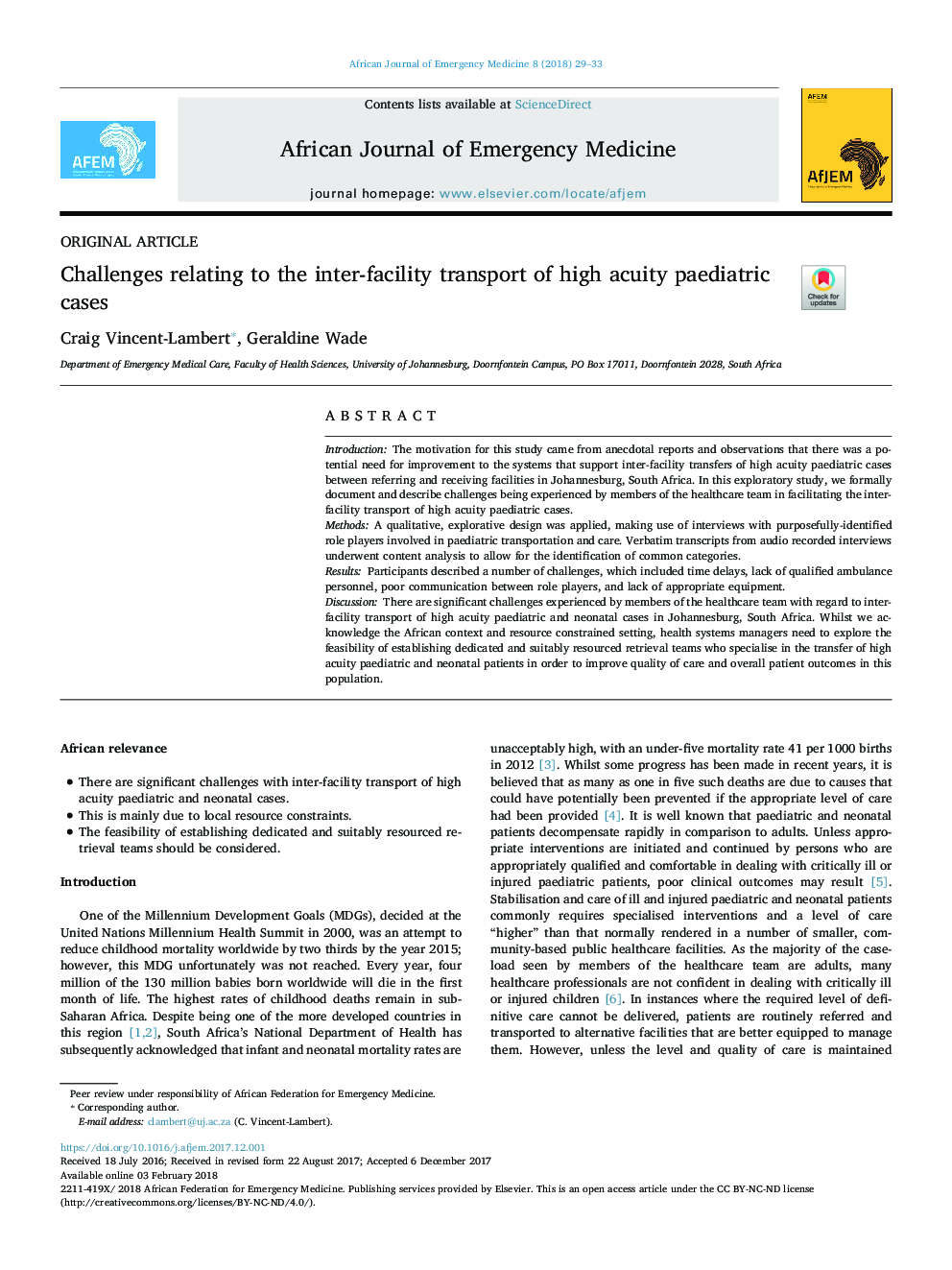 Challenges relating to the inter-facility transport of high acuity paediatric cases