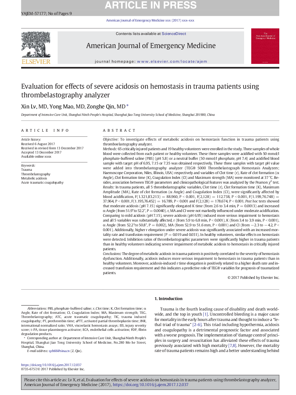 Evaluation for effects of severe acidosis on hemostasis in trauma patients using thrombelastography analyzer