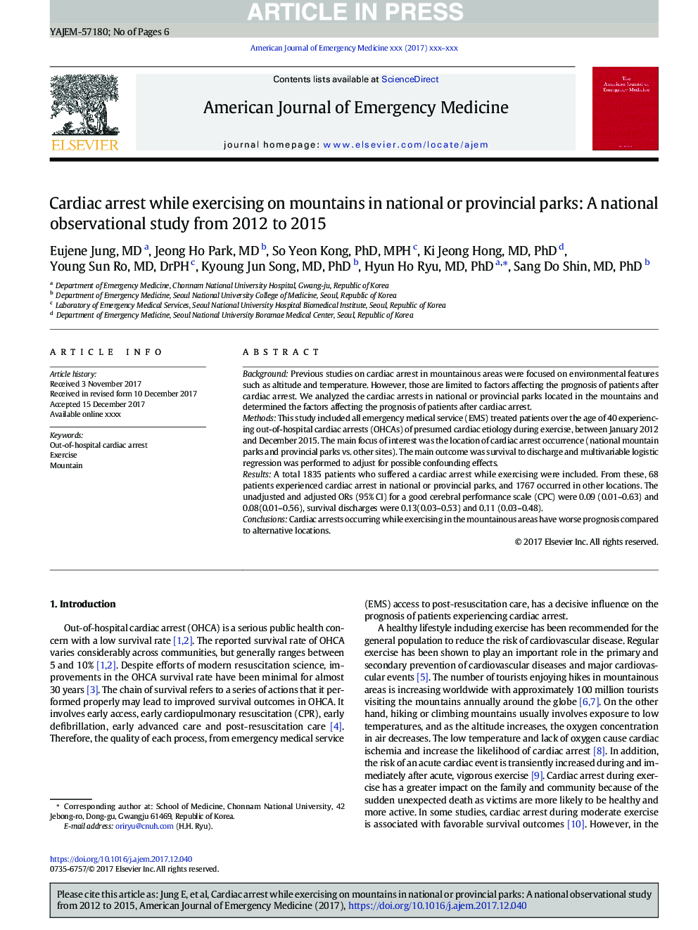 Cardiac arrest while exercising on mountains in national or provincial parks: A national observational study from 2012 to 2015