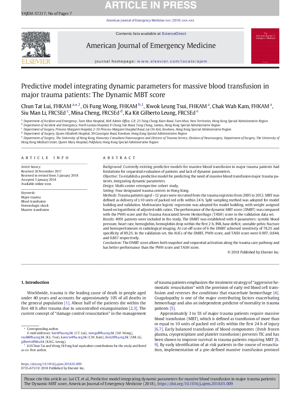 Predictive model integrating dynamic parameters for massive blood transfusion in major trauma patients: The Dynamic MBT score