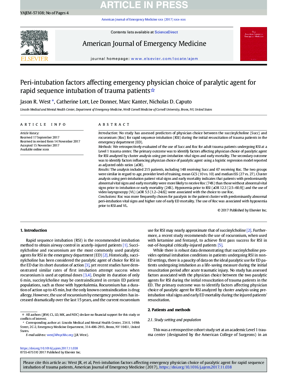 Peri-intubation factors affecting emergency physician choice of paralytic agent for rapid sequence intubation of trauma patients