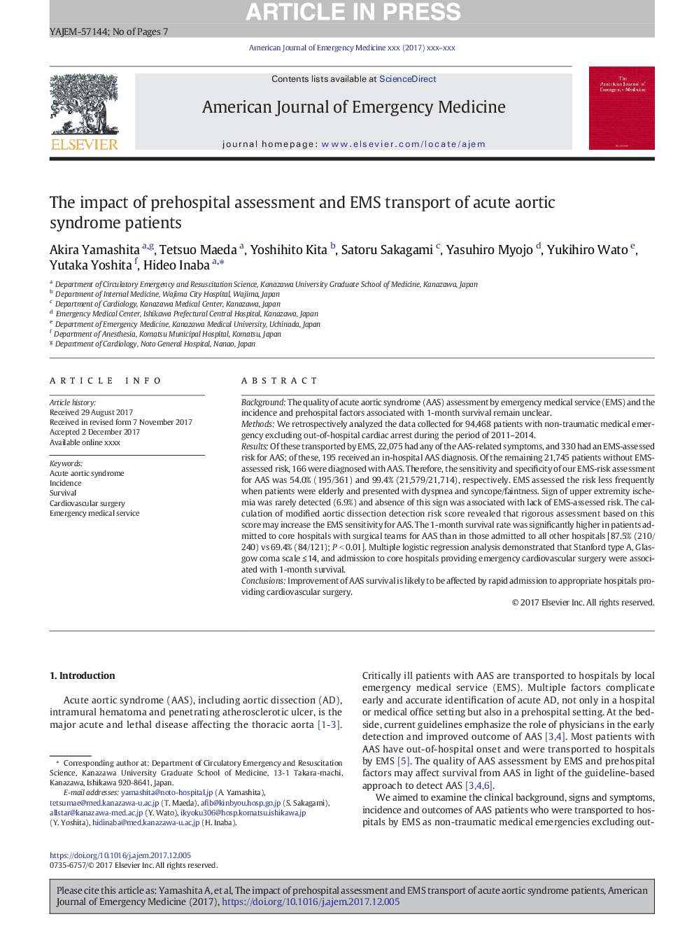 The impact of prehospital assessment and EMS transport of acute aortic syndrome patients