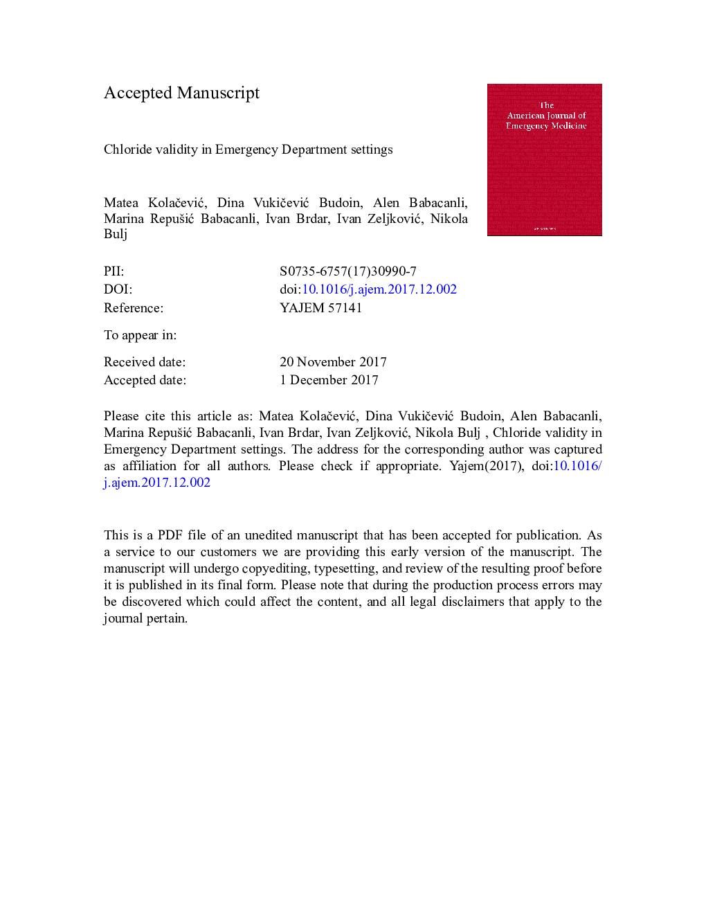 Chloride validity in Emergency Department settings