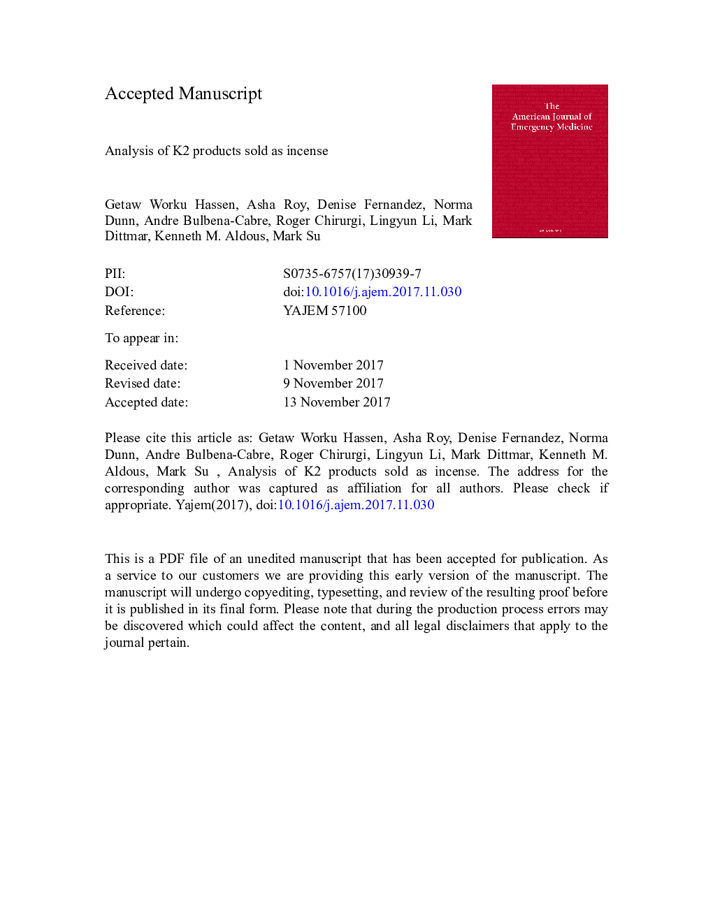 Analysis of K2 products sold as incense