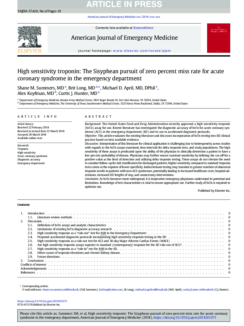 High sensitivity troponin: The Sisyphean pursuit of zero percent miss rate for acute coronary syndrome in the ED