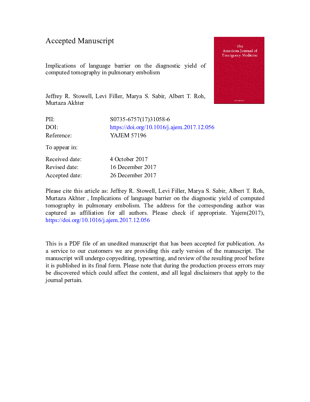 Implications of language barrier on the diagnostic yield of computed tomography in pulmonary embolism