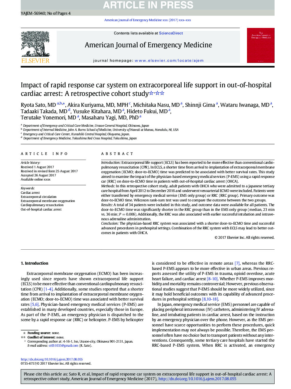 Impact of rapid response car system on ECMO in out-of-hospital cardiac arrest: A retrospective cohort study