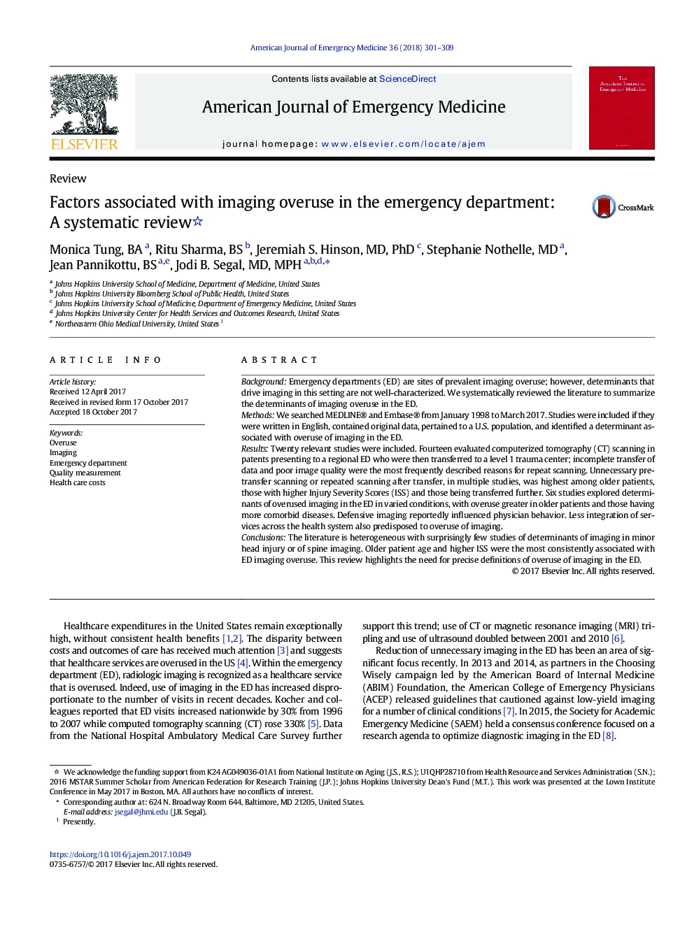 Factors associated with imaging overuse in the emergency department: A systematic review