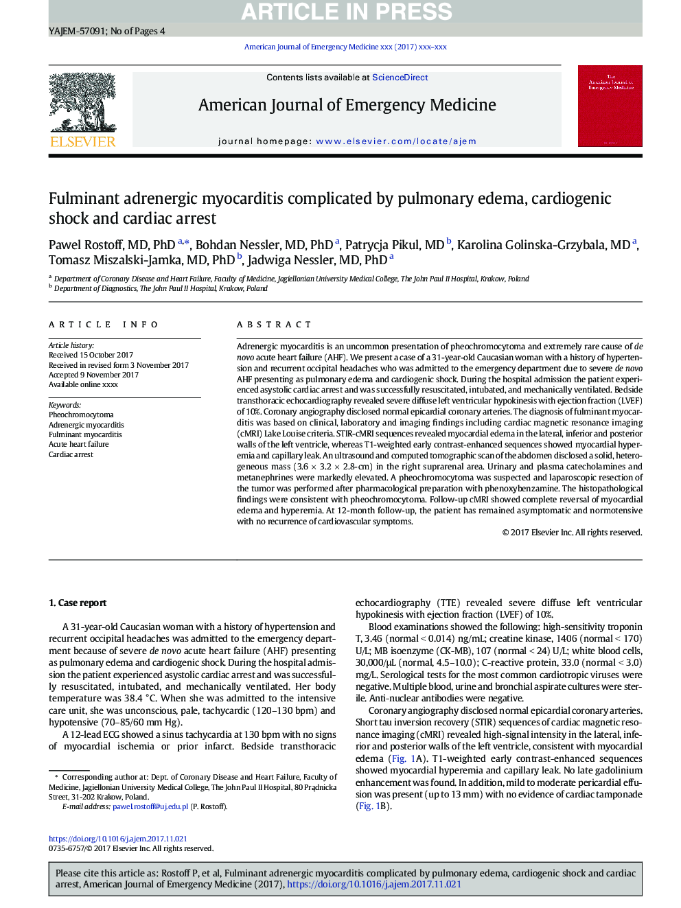 Fulminant adrenergic myocarditis complicated by pulmonary edema, cardiogenic shock and cardiac arrest