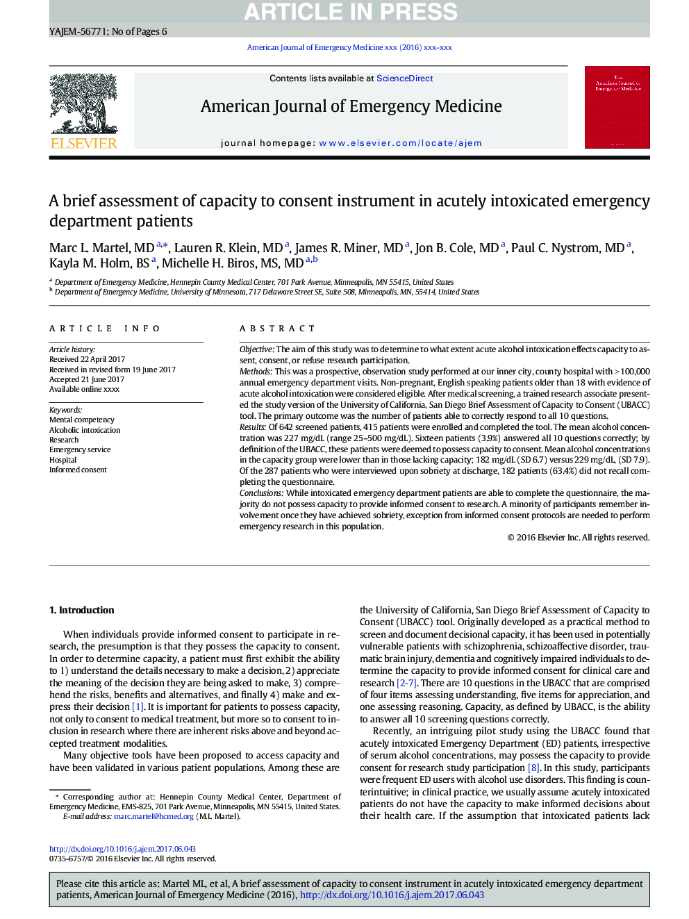 A brief assessment of capacity to consent instrument in acutely intoxicated emergency department patients