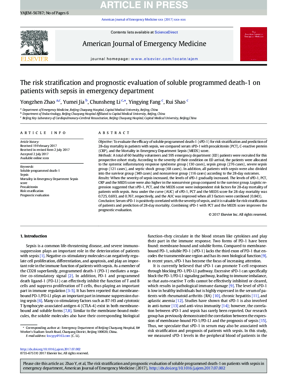 The risk stratification and prognostic evaluation of soluble programmed death-1 on patients with sepsis in emergency department