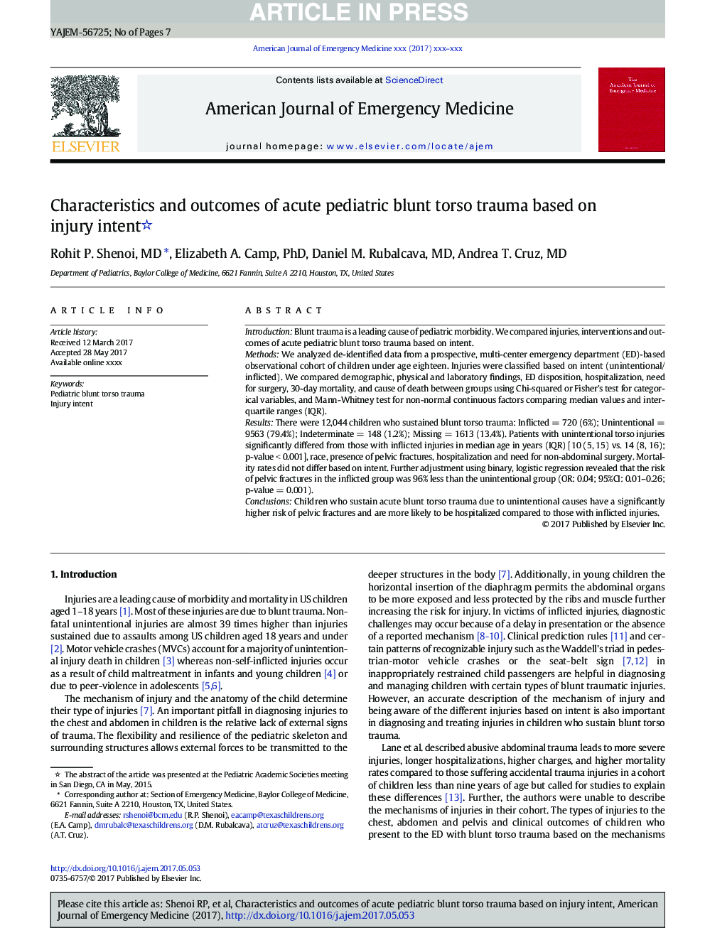 Characteristics and outcomes of acute pediatric blunt torso trauma based on injury intent