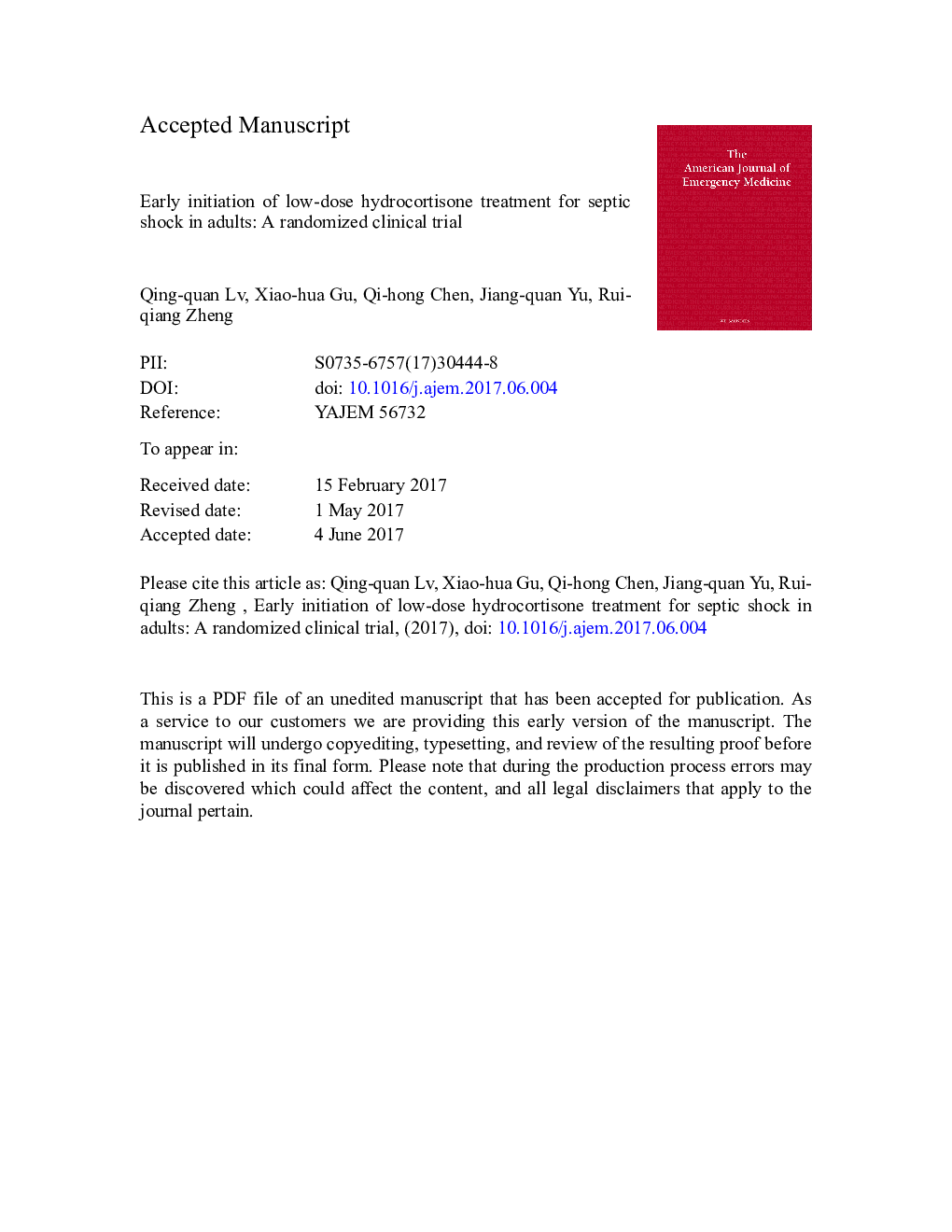 Early initiation of low-dose hydrocortisone treatment for septic shock in adults: A randomized clinical trial