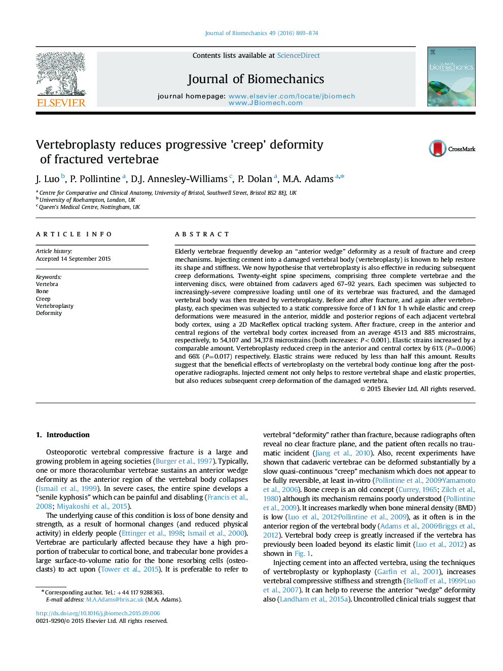 Vertebroplasty reduces progressive ׳creep’ deformity of fractured vertebrae