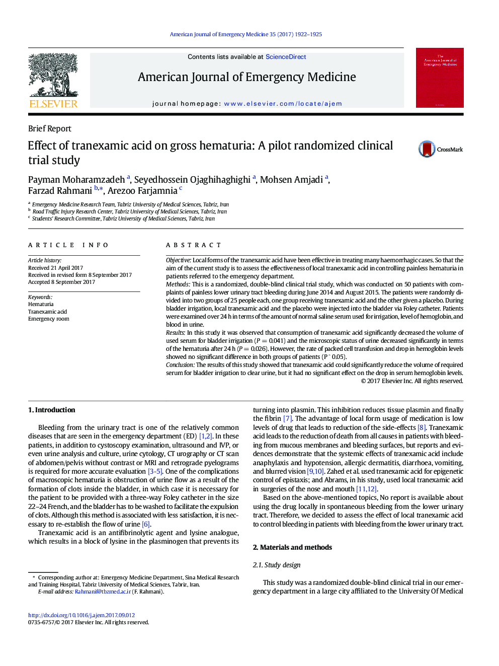 Effect of tranexamic acid on gross hematuria: A pilot randomized clinical trial study