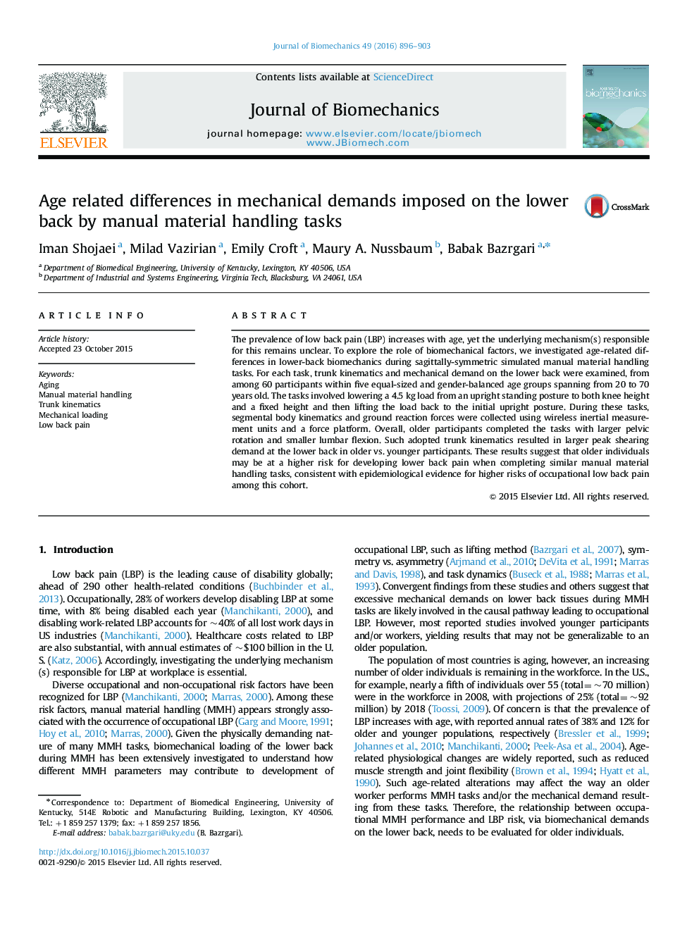 Age related differences in mechanical demands imposed on the lower back by manual material handling tasks