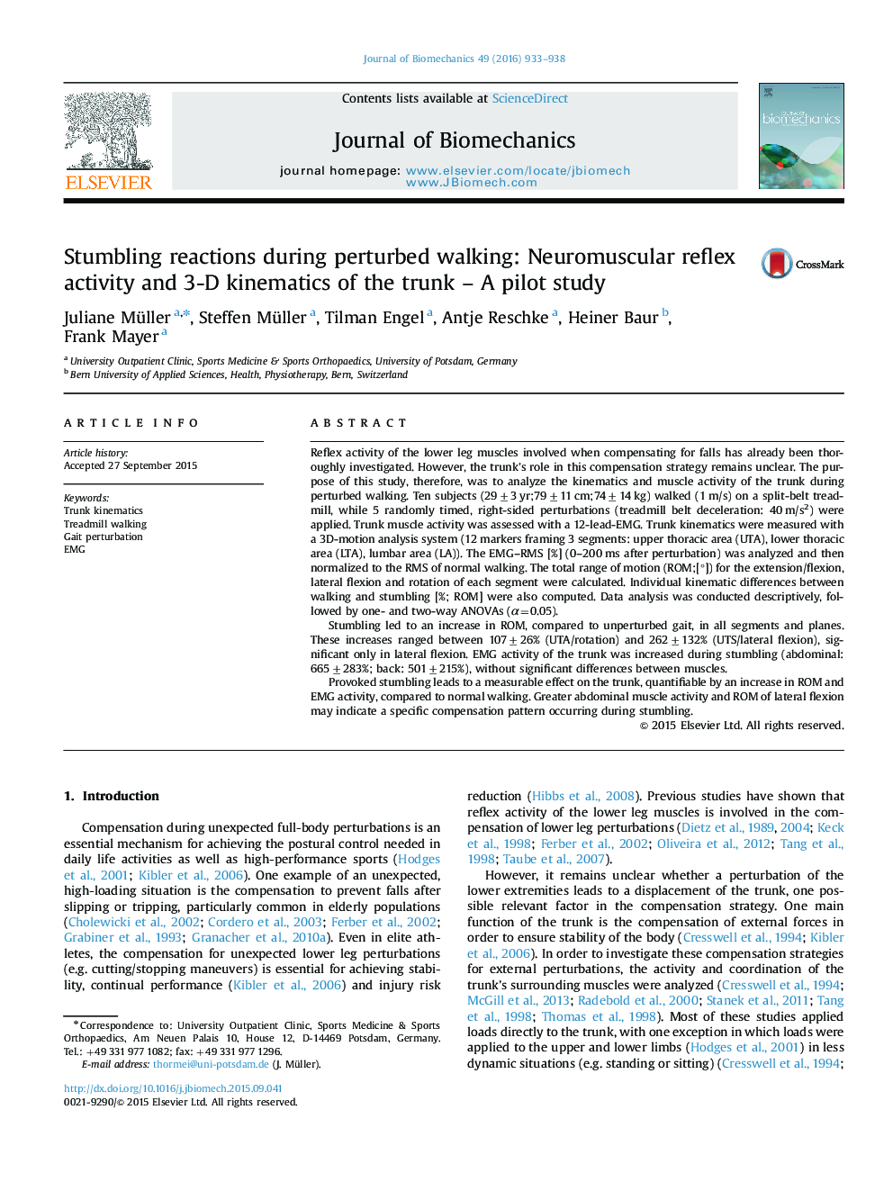 Stumbling reactions during perturbed walking: Neuromuscular reflex activity and 3-D kinematics of the trunk – A pilot study