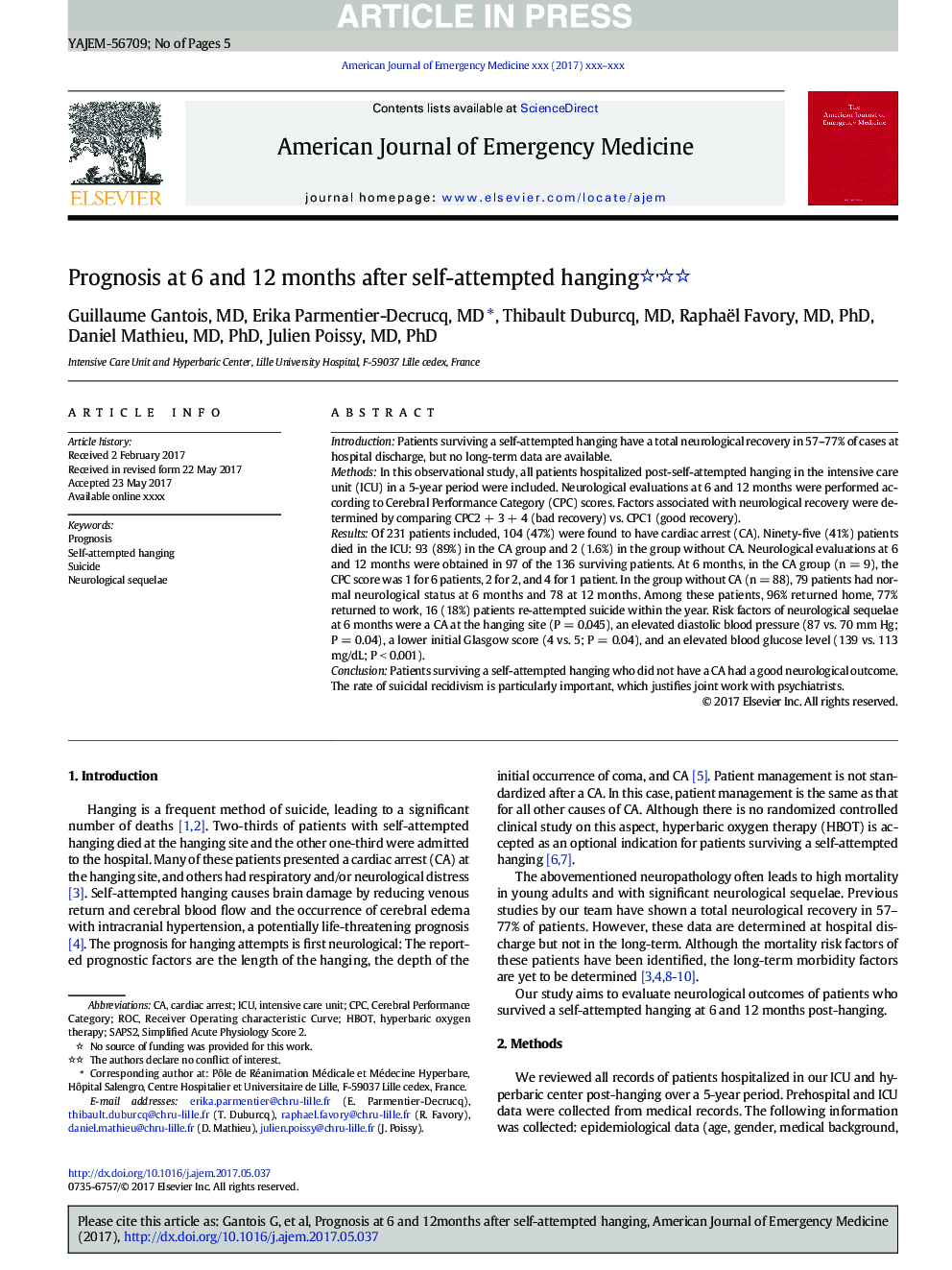 Prognosis at 6 and 12Â months after self-attempted hanging