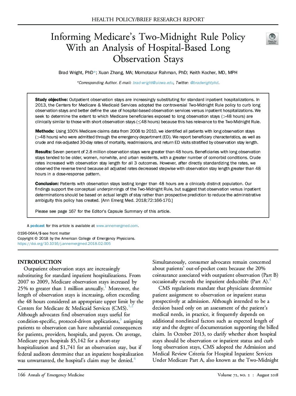 Informing Medicare's Two-Midnight Rule Policy With an Analysis of Hospital-Based Long Observation Stays