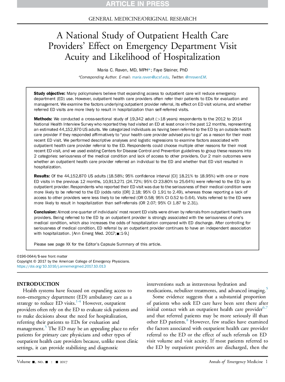 A National Study of Outpatient Health Care Providers' EffectÂ on Emergency Department Visit Acuity andÂ Likelihood of Hospitalization