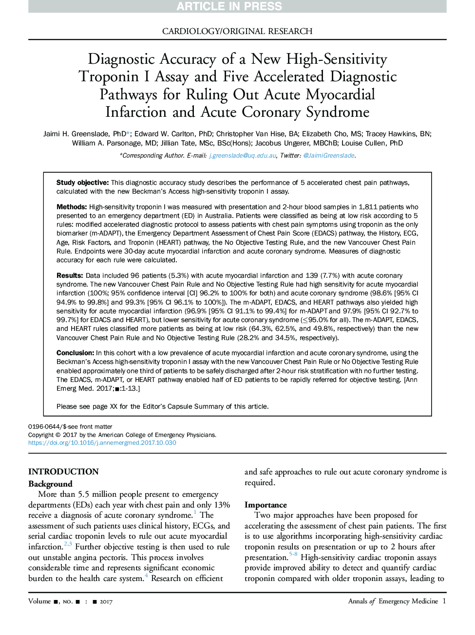 Diagnostic Accuracy of a New High-Sensitivity Troponin I Assay and Five Accelerated Diagnostic Pathways for Ruling Out Acute Myocardial Infarction and Acute Coronary Syndrome