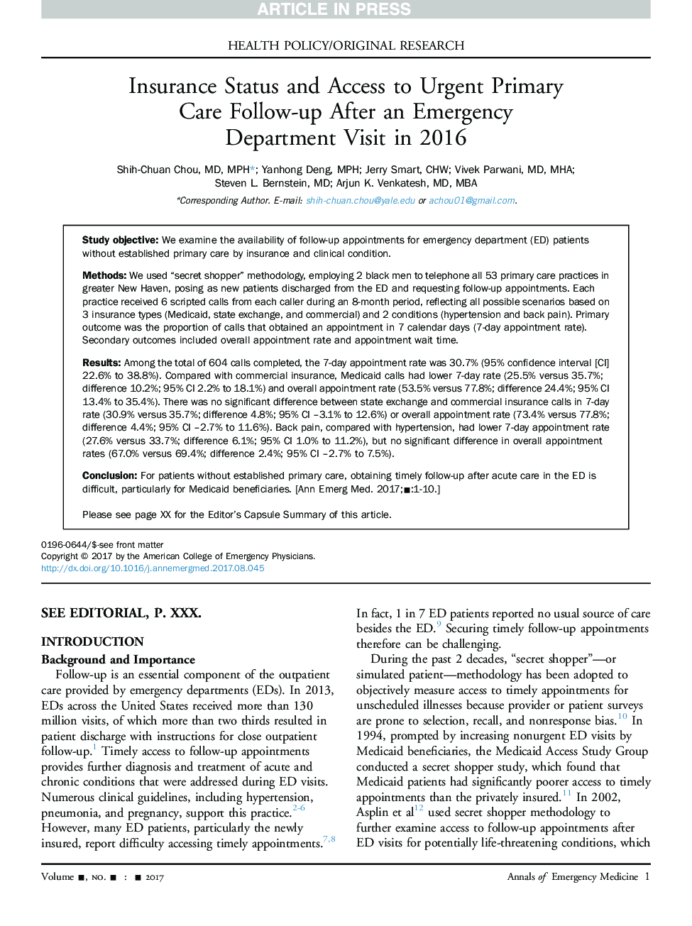 Insurance Status and Access to Urgent Primary Care Follow-up After an Emergency DepartmentÂ Visit in 2016