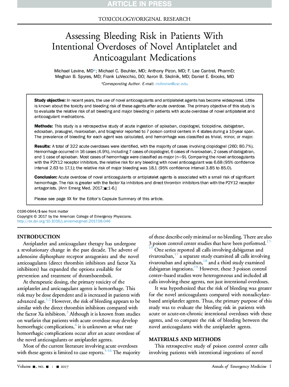 Assessing Bleeding Risk in Patients With Intentional Overdoses of Novel Antiplatelet and Anticoagulant Medications