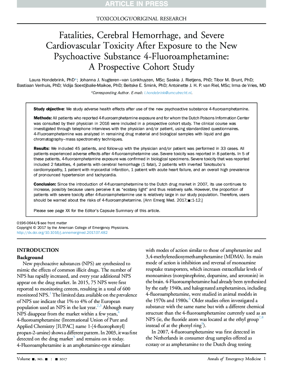 Fatalities, Cerebral Hemorrhage, and Severe Cardiovascular Toxicity After Exposure to the New Psychoactive Substance 4-Fluoroamphetamine: AÂ Prospective Cohort Study