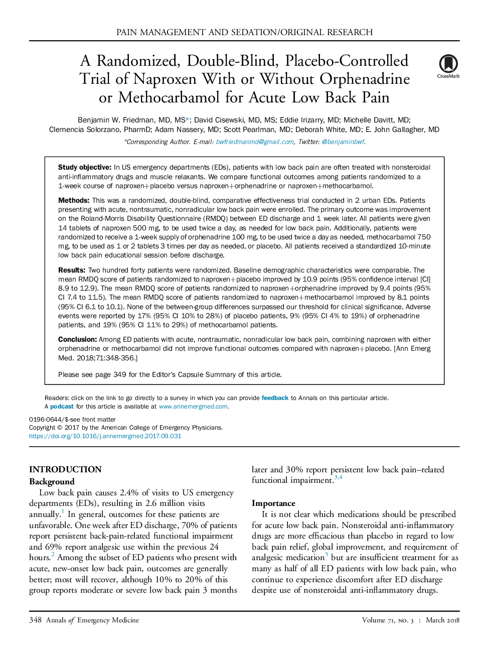A Randomized, Double-Blind, Placebo-Controlled Trial of Naproxen With or Without Orphenadrine or Methocarbamol for Acute Low Back Pain