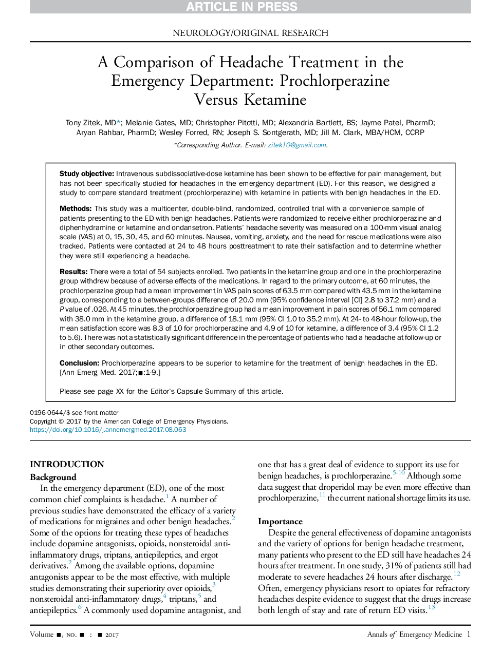 A Comparison of Headache Treatment in the Emergency Department: Prochlorperazine VersusÂ Ketamine