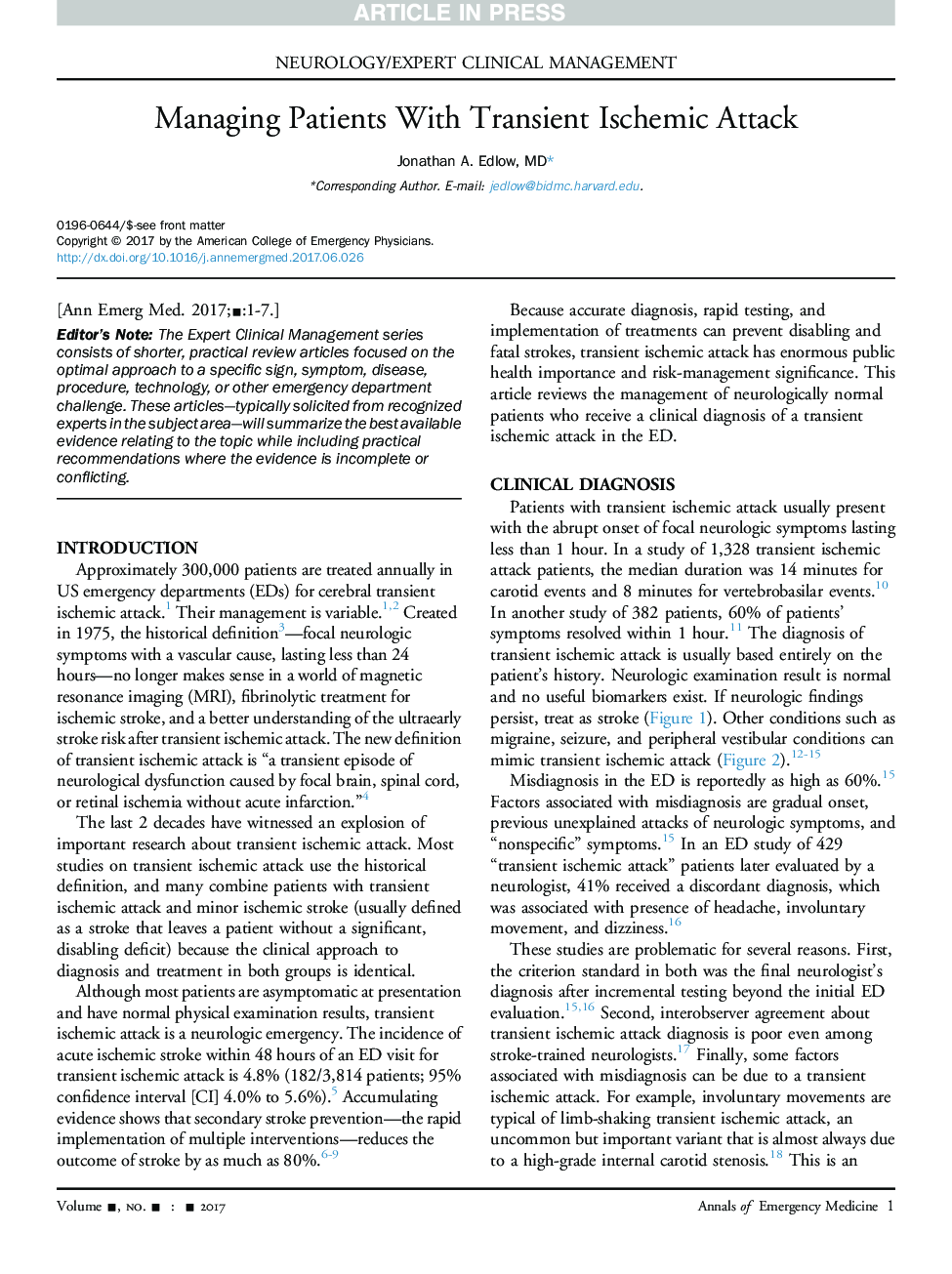 Managing Patients With Transient Ischemic Attack