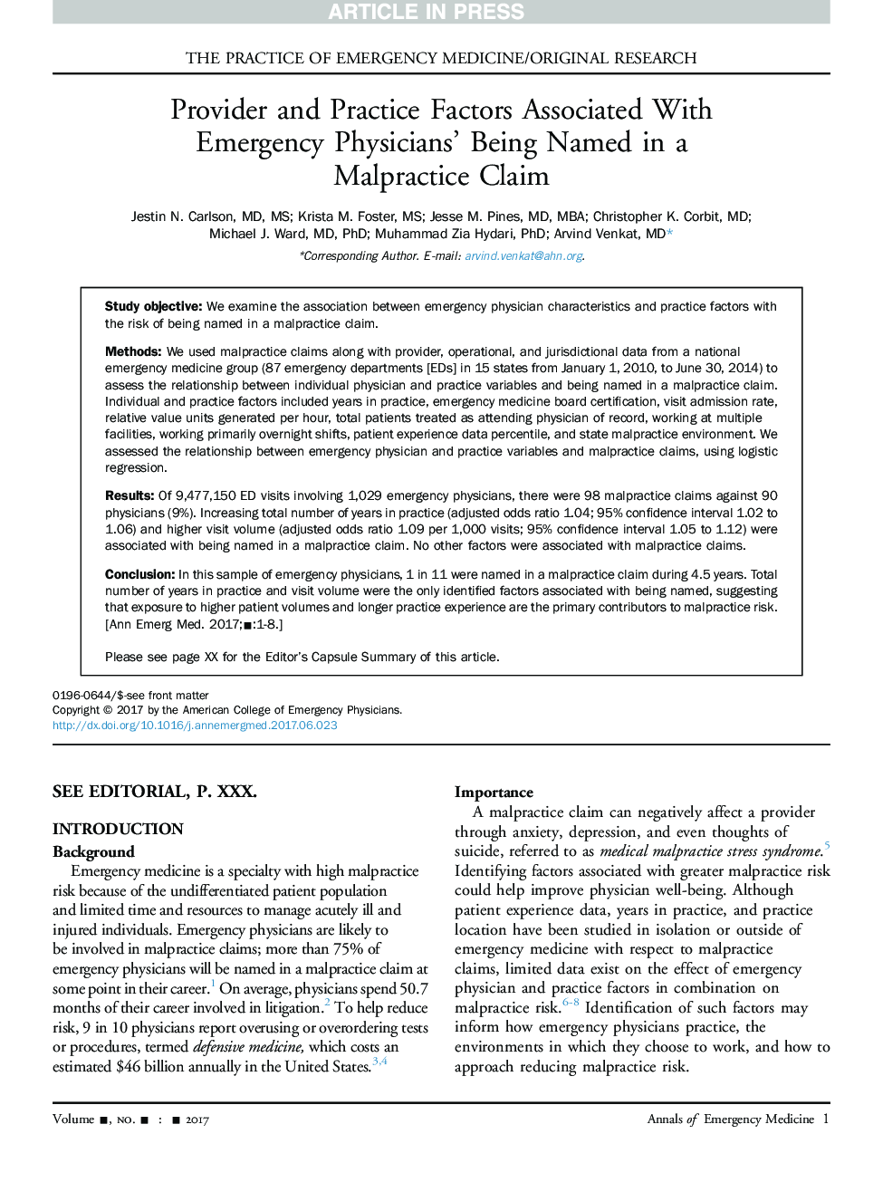Provider and Practice Factors Associated With Emergency Physicians' Being Named in a Malpractice Claim