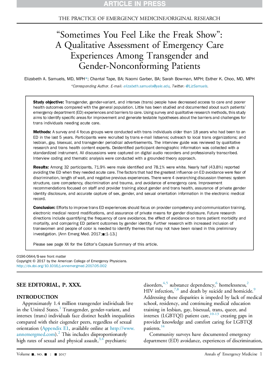 “Sometimes You Feel Like the Freak Show”: AÂ Qualitative Assessment of Emergency Care Experiences Among Transgender and Gender-Nonconforming Patients