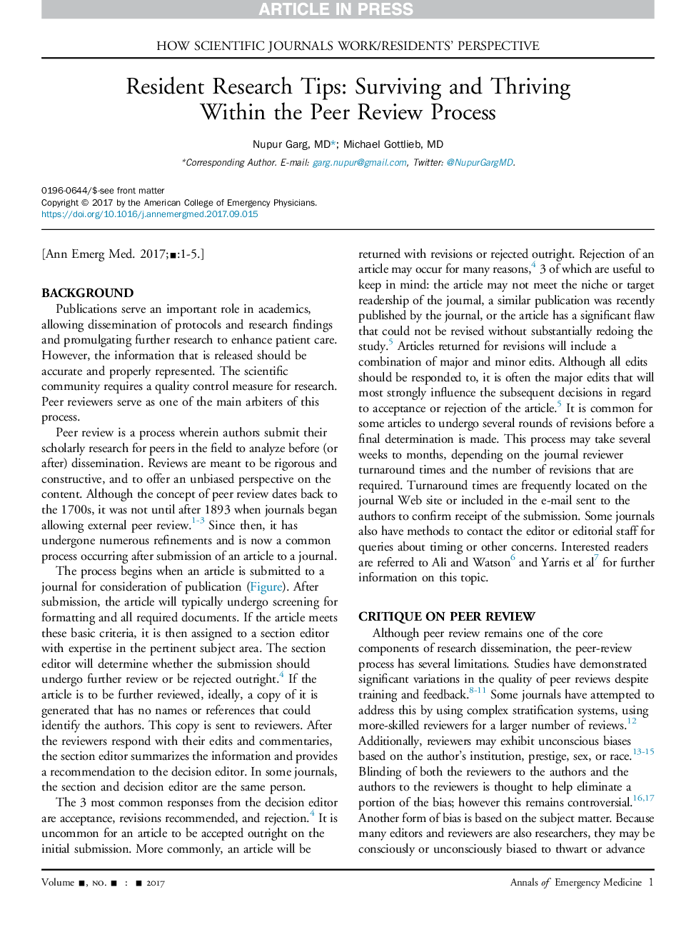 عکس صفحه اول مقاله: Resident Research Tips: Surviving and Thriving Within the Peer Review Process Resident Research Tips: Surviving and Thriving Within the Peer Review Process