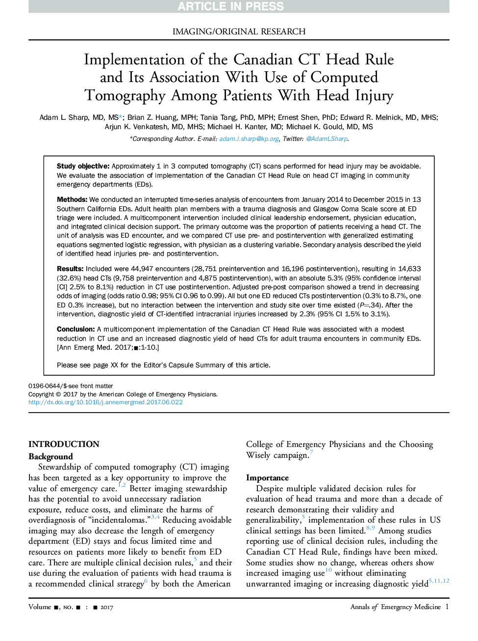 Implementation of the Canadian CT Head Rule and Its Association With Use of Computed Tomography Among Patients With Head Injury