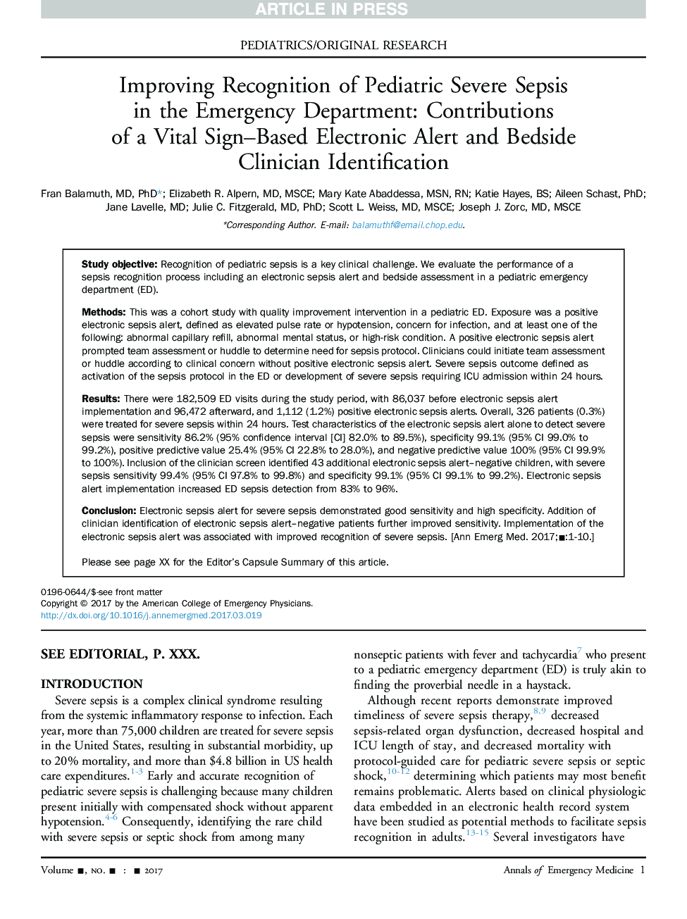 Improving Recognition of Pediatric Severe Sepsis inÂ the Emergency Department: Contributions ofÂ aÂ Vital Sign-Based Electronic Alert and Bedside Clinician Identification