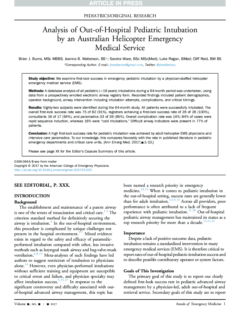 Analysis of Out-of-Hospital Pediatric Intubation byÂ an Australian Helicopter Emergency MedicalÂ Service