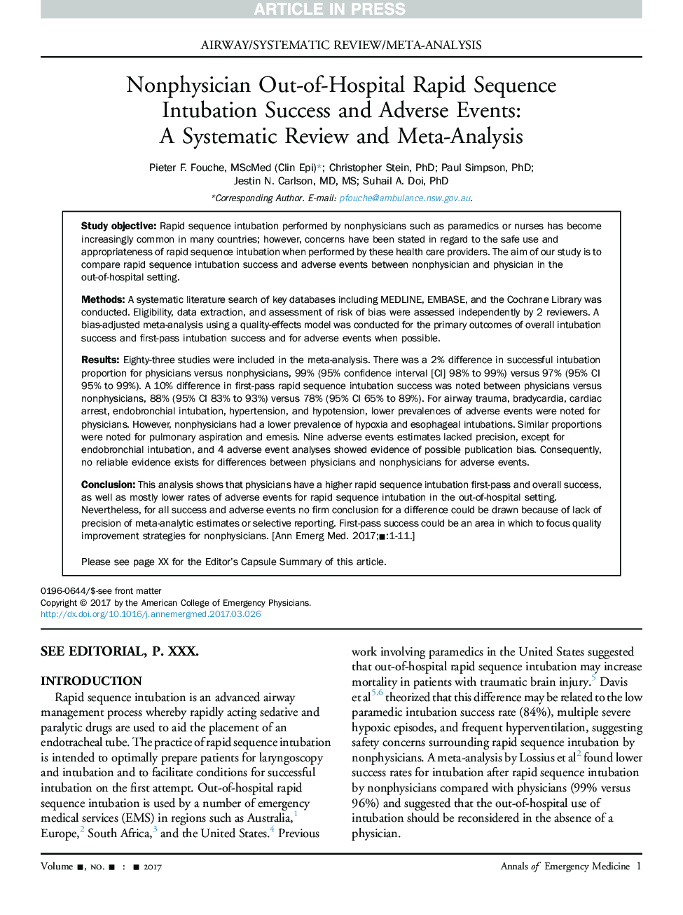 Nonphysician Out-of-Hospital Rapid Sequence Intubation Success and Adverse Events: AÂ Systematic Review and Meta-Analysis