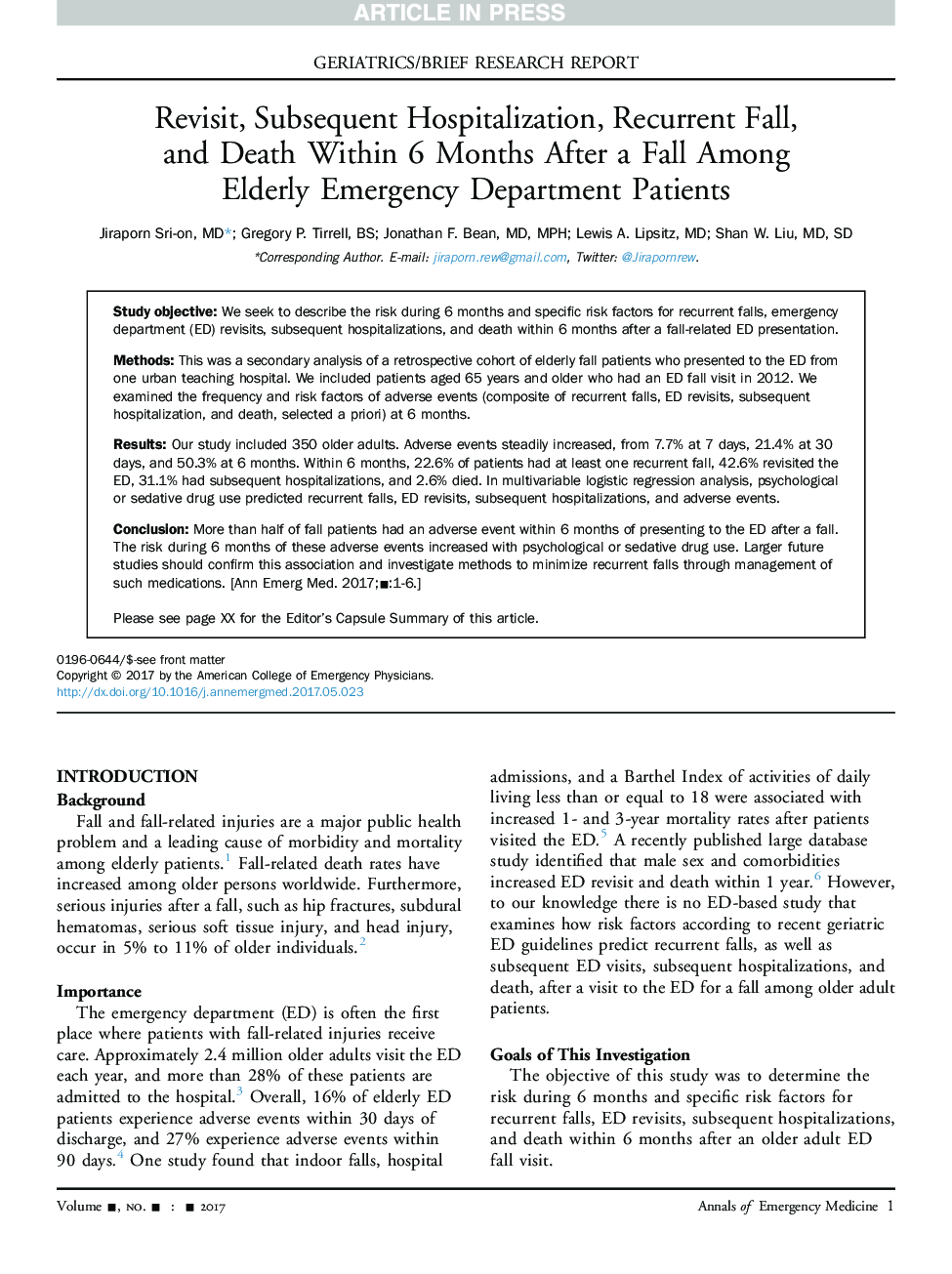 Revisit, Subsequent Hospitalization, Recurrent Fall, and Death Within 6 Months After a Fall Among Elderly Emergency Department Patients