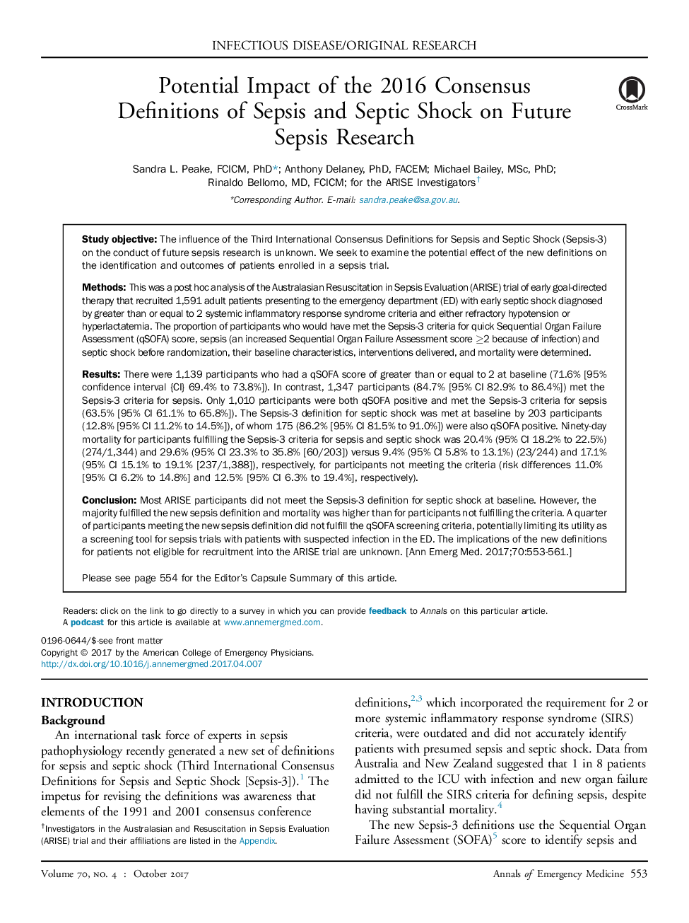 Potential Impact of the 2016 Consensus Definitions of Sepsis and Septic Shock on Future Sepsis Research