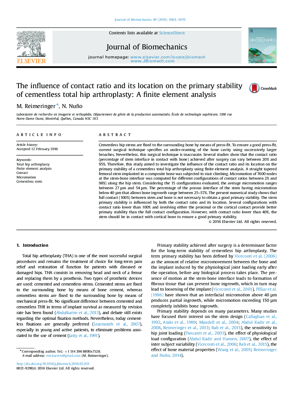 The influence of contact ratio and its location on the primary stability of cementless total hip arthroplasty: A finite element analysis