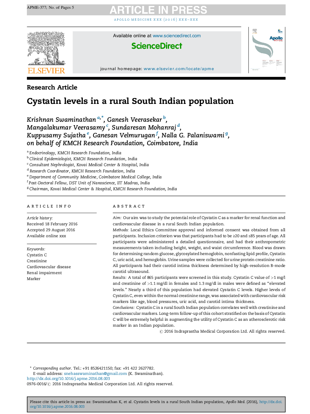 Cystatin levels in a rural South Indian population