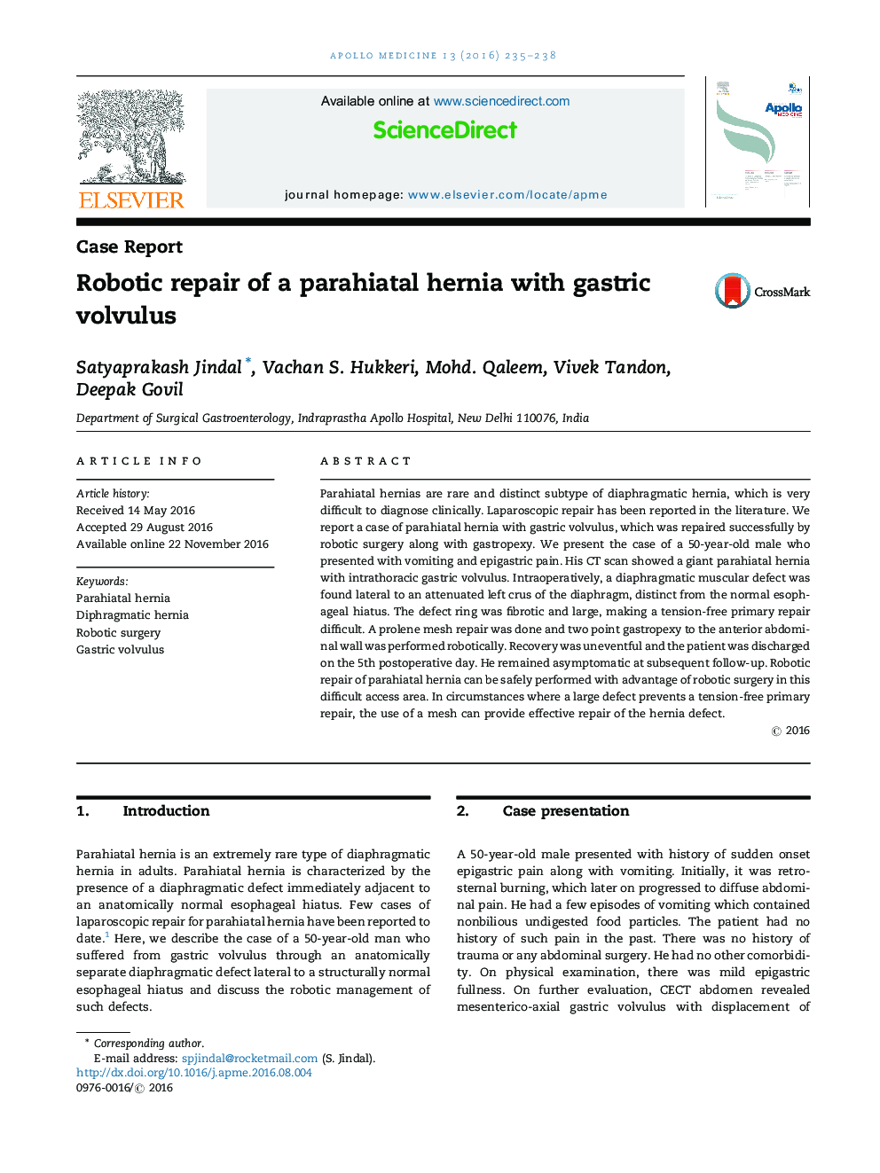 Robotic repair of a parahiatal hernia with gastric volvulus