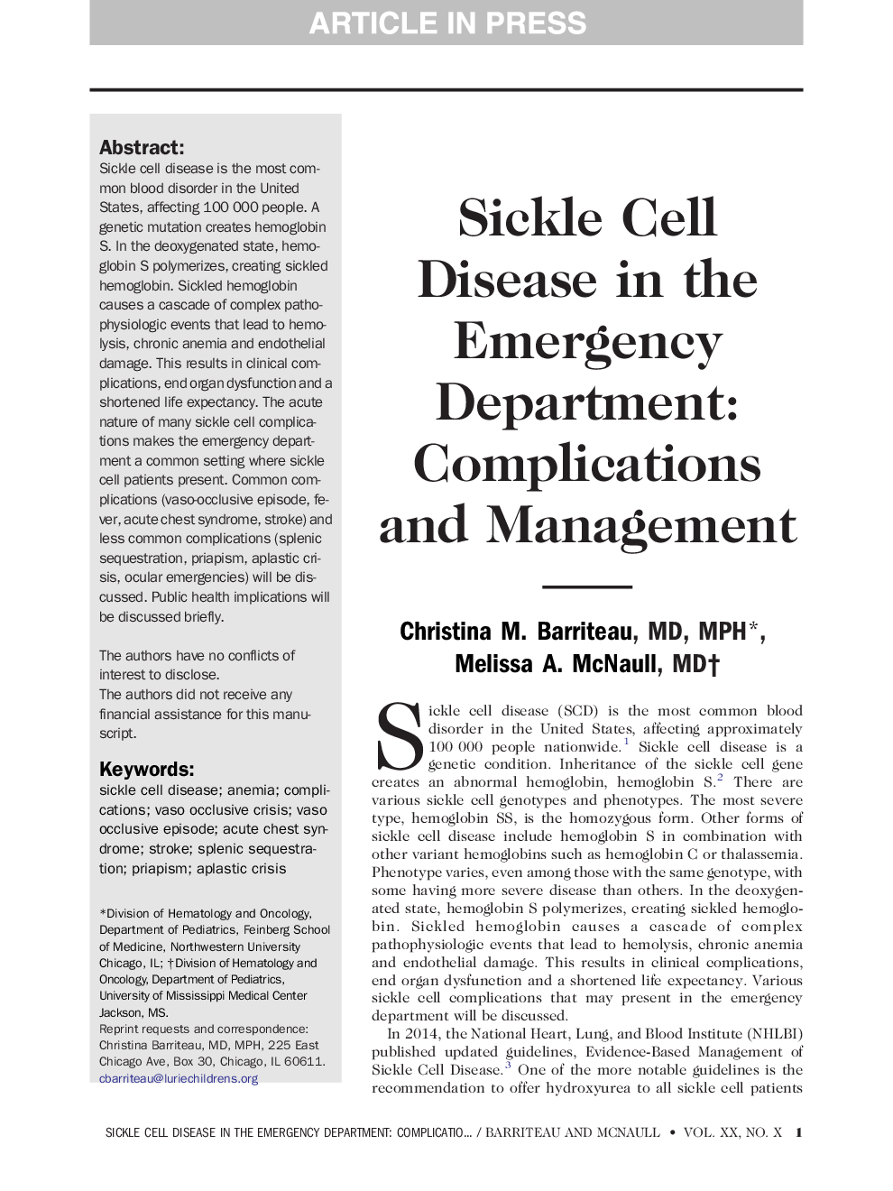 Sickle Cell Disease in the Emergency Department: Complications and Management