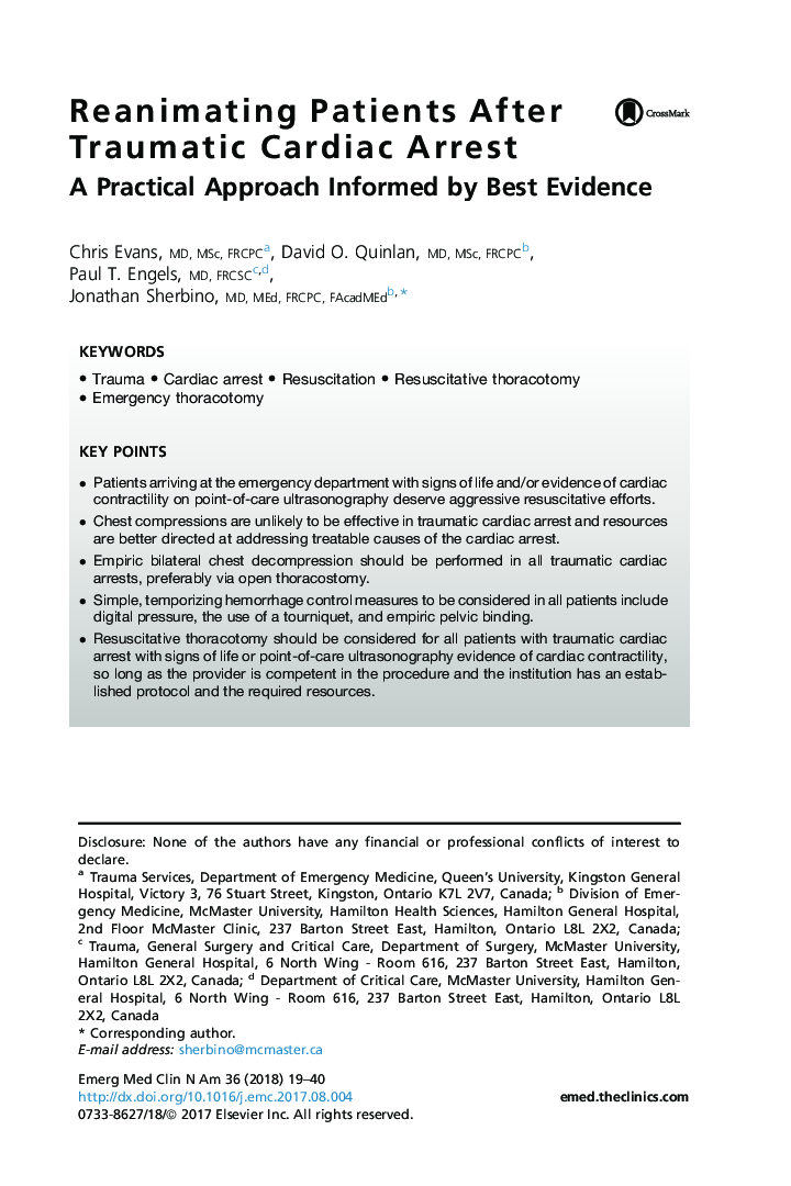 Reanimating Patients After Traumatic Cardiac Arrest