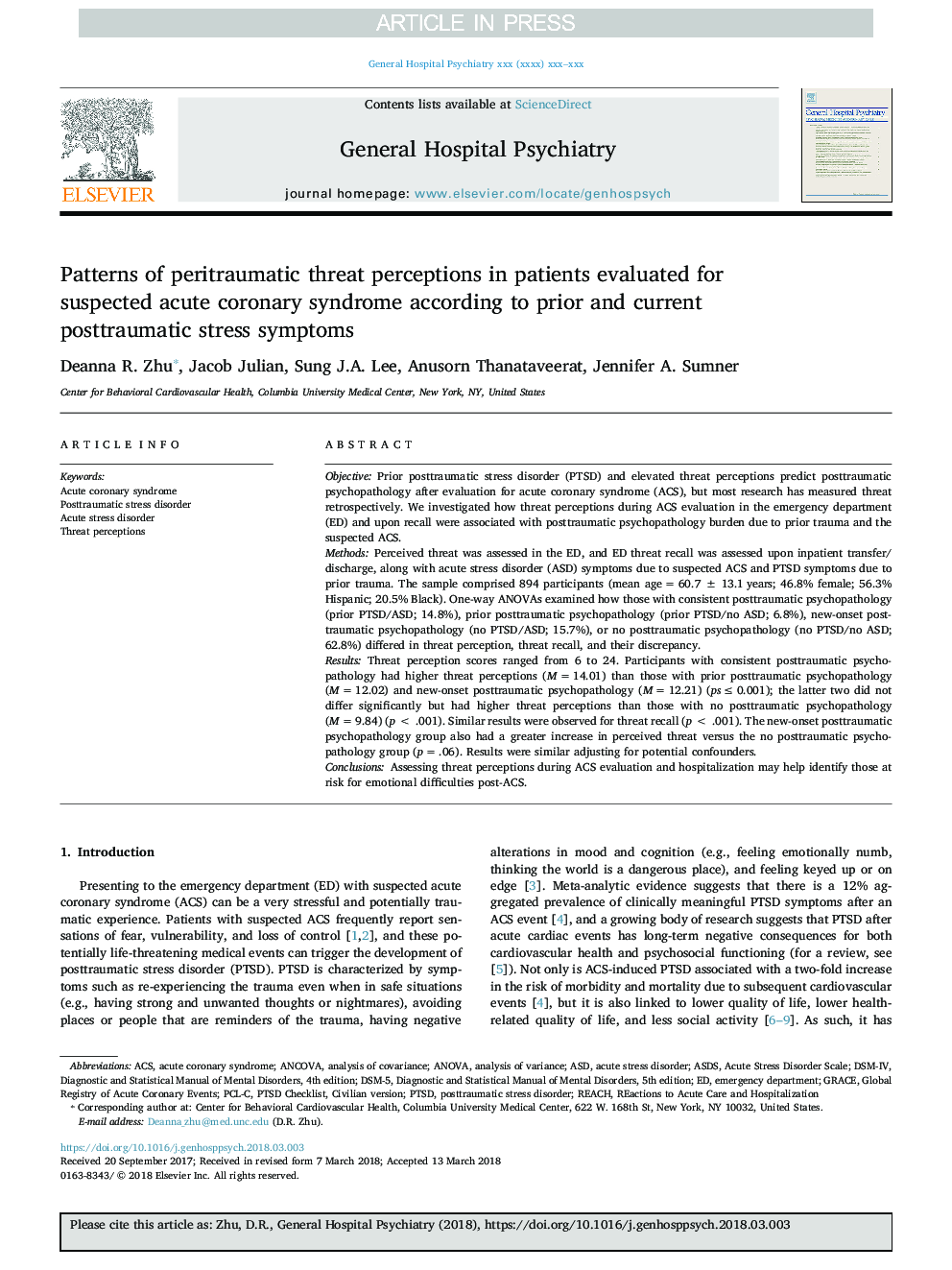 Patterns of peritraumatic threat perceptions in patients evaluated for suspected acute coronary syndrome according to prior and current posttraumatic stress symptoms