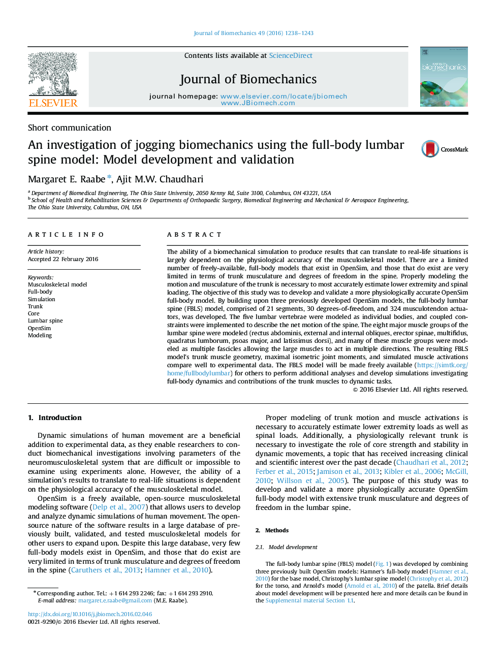 An investigation of jogging biomechanics using the full-body lumbar spine model: Model development and validation