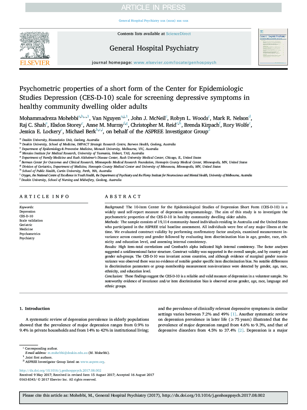 Psychometric properties of a short form of the Center for Epidemiologic Studies Depression (CES-D-10) scale for screening depressive symptoms in healthy community dwelling older adults