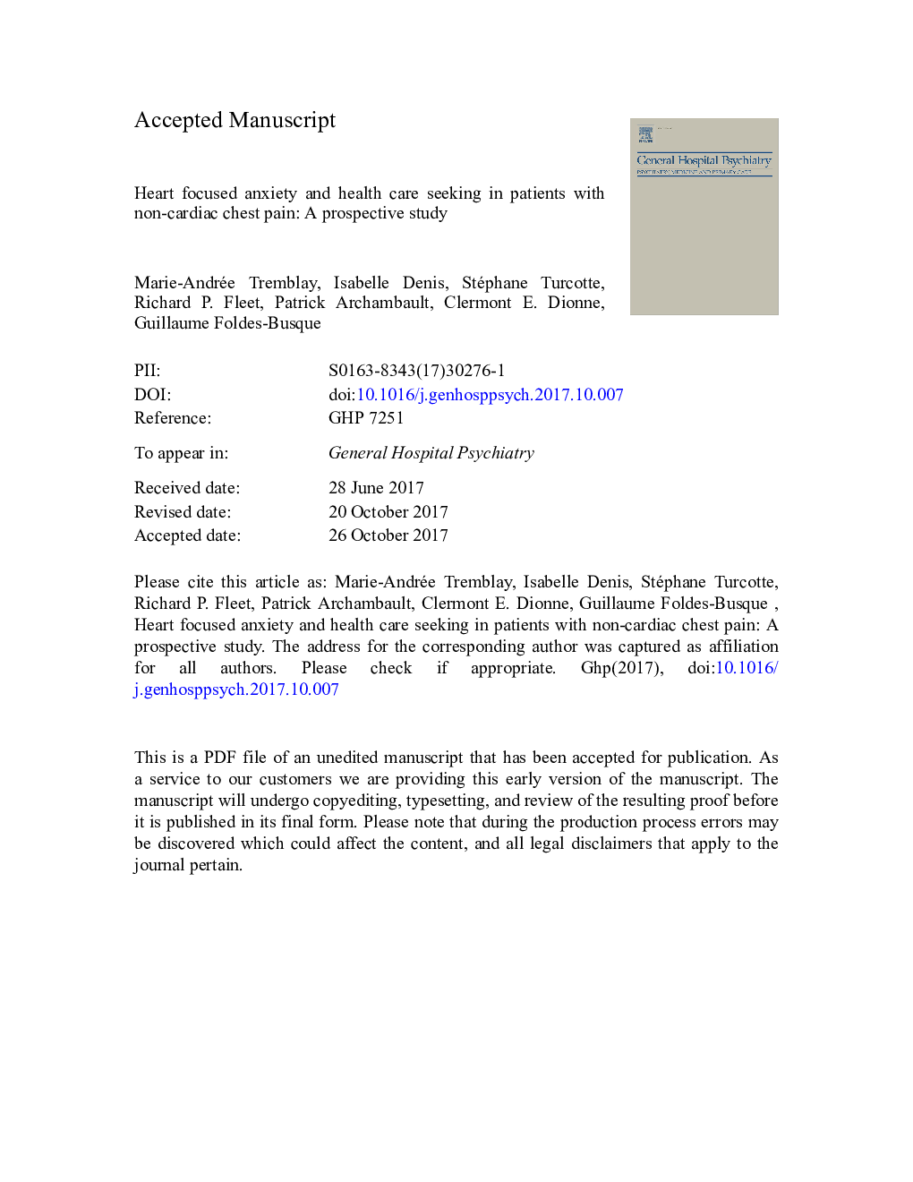 Heart-focused anxiety and health care seeking in patients with non-cardiac chest pain: A prospective study