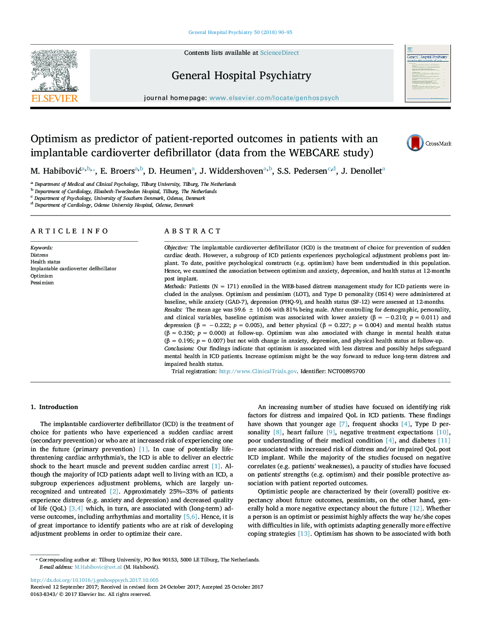 Optimism as predictor of patient-reported outcomes in patients with an implantable cardioverter defibrillator (data from the WEBCARE study)